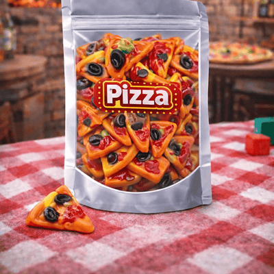 Gevulde pizza snoepjes van Vidal, snoepjes in de vorm van pizza stukjes met zoete smaak