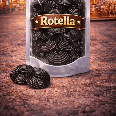 Haribo Rotella drop: glanzende diepzwarte dropveters opgerold in een ronde spiraalvorm met een zachte, elastische textuur en de authentieke, zoete smaak van dropextract