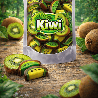Glanzende Vidal kiwi schijfjes in de smaken kiwi gold en kiwi green, in de vorm van tweekleurige fruitgom schijfjes. Kiwi snoep