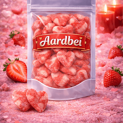Getwiste aardbei hartjes van Dulce Plus, zachte rood-witte gesuikerde snoepjes in hartvorm met een zoete aardbeismaak en een gedraaid patroon