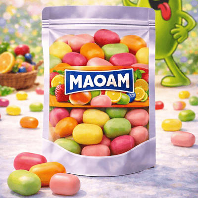 Maoam fruit snoepjes, assortiment van verschillende fruitsmaken zoals aardbei, citroen en cola, zachte kauwsnoepjes van Maoam, populair uitdeel-snoepgoed