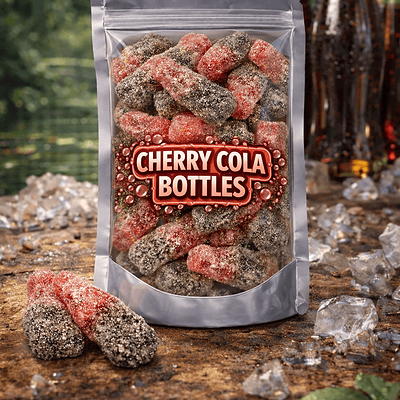 Frisia zure kersen cola flesjes snoep, zuur snoep met kers- en colasmaak