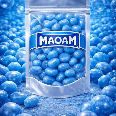 Maoam Pinballs Blue, glanzende blauwe kauwsnoepjes met een krokante suikerlaag en een tintelende kern, die zorgen voor een blauwe tong tijdens het eten