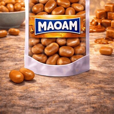 Maoam Pinballs cola snoep, ronde colasmaak kauwsnoepjes met een knapperige suikerlaag, bruine cola dragees van Maoam, tintelend zacht snoepgoed