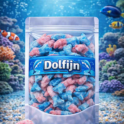 Zure bubblegum dolfijntjes, roze en blauwe tweekleurige dolfijn snoepjes met zuur suikerlaagje, Frisia dolfijnen snoepgoed, glutenvrij