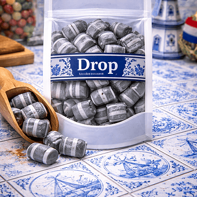 Holland Foodz dropkussentjes, oud Hollandse zwart-witte drop kussentjes, traditionele harde dropsnoepjes van Holland Foodz, nostalgisch zwart-wit suikerwerk