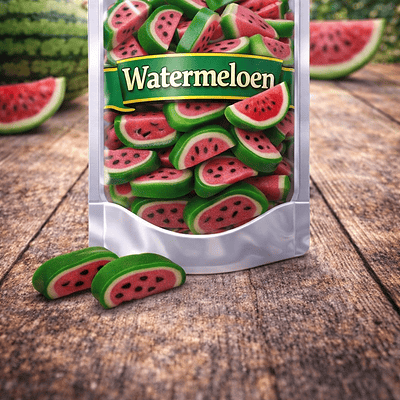 Vidal watermeloen schijfjes peelable snoep, interactief snoepgoed met een stevige groene buitenkant die je kunt pellen en een zachte, rode fruitige vulling aan de binnenkant