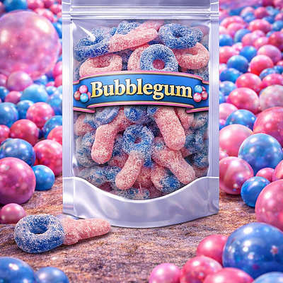 Frisia zure bubblegum tutters, blauw-roze fopspeen snoepjes met een harde textuur, een intens zuur laagje aan de buitenkant en een zoete kauwgom smaak