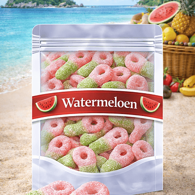 Frisia Zure Watermeloen Tutters snoep – tweekleurig groen en roze schepsnoep met een dikke suikerlaag. Populair zuur snoepgoed per 100 gram