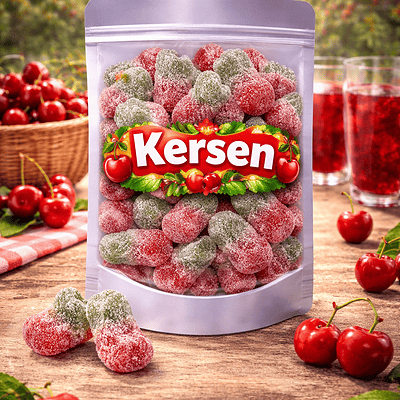 Matthijs zure kersjes, tweekleurige zure kersen snoepjes met suikerlaag, vegetarisch en glutenvrij snoepgoed, zure fruitgom kersen