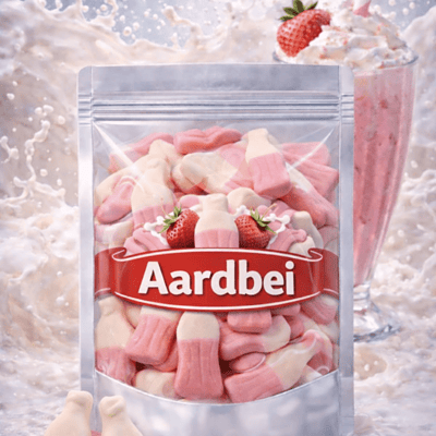 Frisia luchtige aardbei milkshake flesjes, roze-witte foam snoepjes met milkshake smaak, zachte fruitgom flesjes van Frisia, glutenvrij snoep