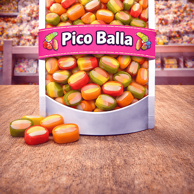 Haribo Pico Balla, kleurrijke gevulde fruitgum snoepjes, Haribo Pico-Balla met dubbele vulling, zachte tweekleurige fruitgom rolletjes van Haribo