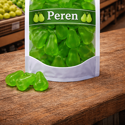 Park Lane zachte groene peren snoep, gladde fruitgum peren zonder suikerlaag, zoete groene perensnoepjes van Park Lane, zachte fruitgom in peervorm