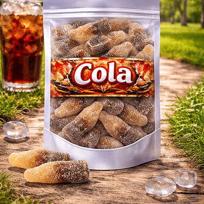Frisia zure cola flesjes, gesuikerde cola winegums met zure smaak, tweekleurige bruin-roze colaflesjes van Frisia snoep, glutenvrij snoepgoed