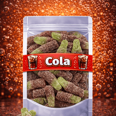 Jake gesuikerde cola flesjes snoep groen bruin, zure cola flesjes snoep van het merk Jake, tweekleurige cola gummies met suikerlaag, groene cola flesjes
