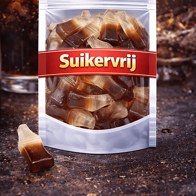 Frisia suikervrije cola flesjes, suikervrij snoepgoed cola smaak, Frisia cola gums zonder suiker, verantwoorde cola snoepjes met zoetstof.