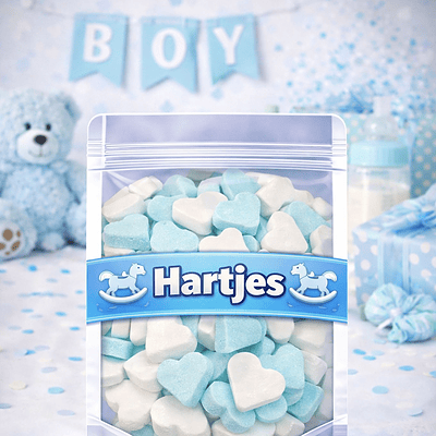 Vruchtenhartjes blauw-wit snoepjes voor geboorte en babyshower