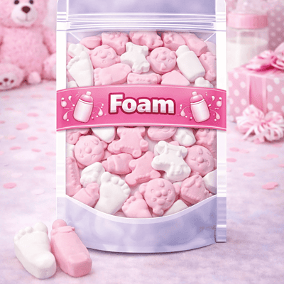 Foam geboortesnoep roze wit in babyvoetje, baby gezicht en flesje vorm – zacht geboorte snoep voor meisje zonder suikerlaag