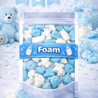 Foam geboortesnoep blauw-wit in babyvoetje, baby gezicht en flesje vorm – zacht geboorte snoep voor jongen zonder suikerlaag
