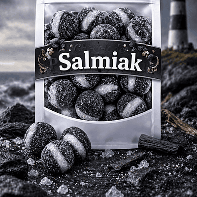 Zure salmiak rocket balls van Frisia, ronde zwart-witte snoepjes met harde buitenlaag en poederige salmiak kern