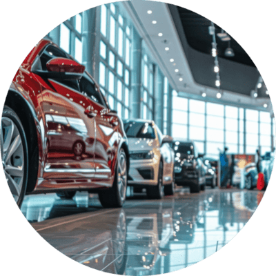 Polished dealership floor reflecting showroom lighting and vehicle displays.