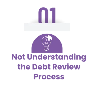 Mistake #1: Not Understanding the Debt Review Process understand the debt review process. Purple icon labeled "01" with an image of a lightbulb and a broken head silhouette, symbolizing confusion or lack of understanding. Below it reads: “Not Understanding the Debt Review Process.”