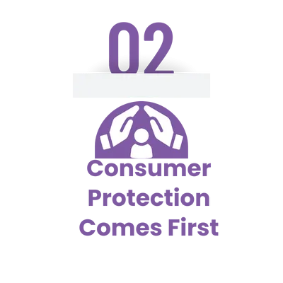 Top Reason #2: Consumer Protection Comes First Debt Review done professionally. Purple dome with protective hands over a person, titled '02 Consumer Protection Comes First.