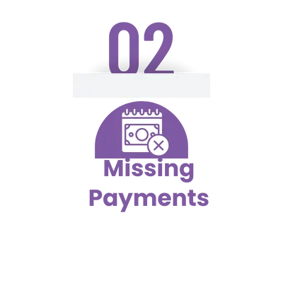 Mistake #2: Missing Your Debt Review Payments Missing Payments Under debt review Purple icon labeled "02" with an image of a calendar and a cross mark. The text below reads “Missing Payments.”
