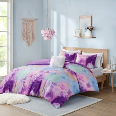 Intelligent Design Cassiopeia Watercolor Tie Dye Printed Comforter Set with Throw Pillow in Lavender, Twin/Twin XL ID10-2255