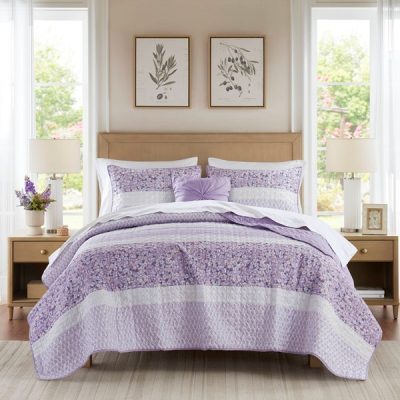Madison Park Caralie 4 Piece Seersucker Quilt Set with Throw Pillow in Purple, Full/Queen MP13-8794