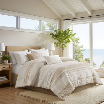 Harbor House Blue Morgan 6 Piece Cotton Jacquard Oversized Comforter Set in Ivory/Taupe, Full HH10-1987