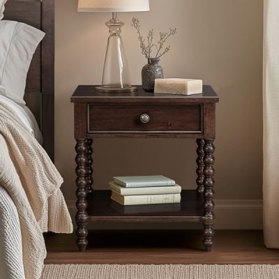 Madison Park Signature Beckett Turned Wood Spindle Nightstand with Drawer & Shelf in Morocco Brown, One Size MPS136-0060