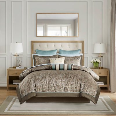 Madison Park Aubrey 12 Piece Comforter Set with Cotton Bed Sheets in Blue/Brown, King MP10-116