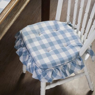 Annie Blue White Ruffled Check Farmhouse Country Chair Pad 15.5x17 - VHC Brands