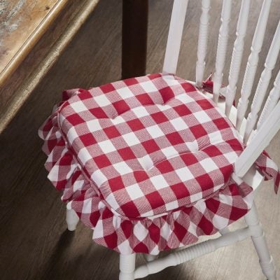 Annie Red White Ruffled Check Farmhouse Country Chair Pad 15.5x17 - VHC Brands