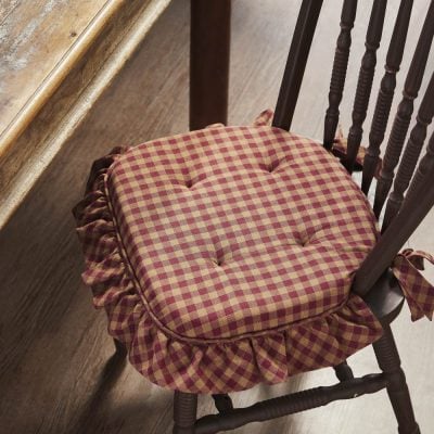 Burgundy Tan Ruffled Check Farmhouse Country Prim Chair Pad 15.5x17 - VHC Brands