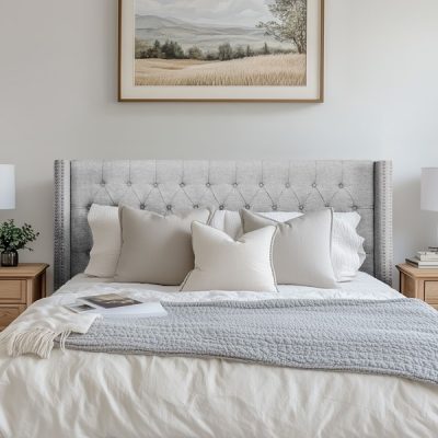 Madison Park Amelia Upholstered Wingback Headboard with Button Tufting & Nailhead Trim in Grey, King MP116-0358