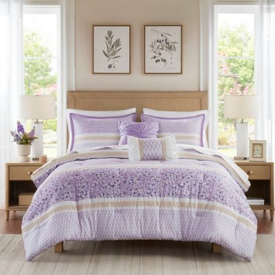 Madison Park Caralie 5 Piece Seersucker Comforter Set with Throw Pillows in Purple, King/Cal King MP10-8793