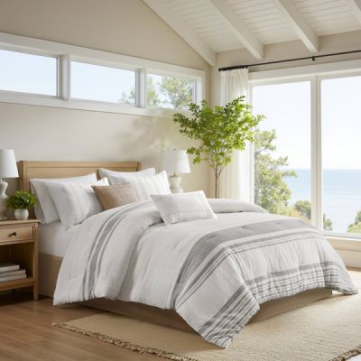 Harbor House Blue Morgan 6 Piece Cotton Jacquard Oversized Comforter Set in White/Grey, King HH10-1826