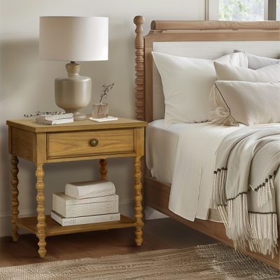 Madison Park Signature Beckett Turned Wood Spindle Nightstand with Drawer & Shelf in Natural, One Size MPS136-0305