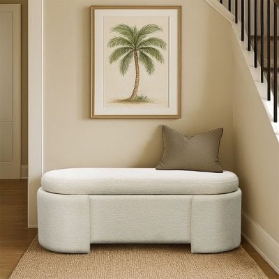 Martha Stewart Leslie Fully Upholstered Oval Storage Bench with Soft-Close Lid in Ivory, One Size MT105-0188