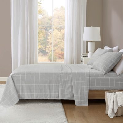 True North by Sleep Philosophy Cozy Cotton Flannel Printed Sheet Set in Grey Windowpane, Queen TN20-0612