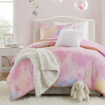 Intelligent Design Cassiopeia Watercolor Tie Dye Printed Comforter Set with Throw Pillow in Pink, Twin/Twin XL ID10-2525