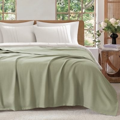 Madison Park 100% Certified Egyptian Cotton Blanket in Micro- herringbone Green, Full/Queen MP51-8671