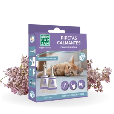 Men For San Pipetas Calmantes para Gatos 2 unidades contiene valeriana, una planta con propiedades calmantes y relajantes que reduce los problemas de comportamiento no deseados en gatos de una forma natural y muy efectiva.