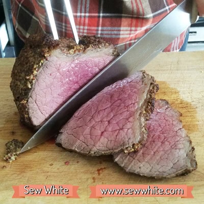 slicing open the Really Easy Roast Beef