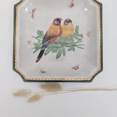 Bol céramique fait main Wong Lee décor oiseaux et insectes style vintage
