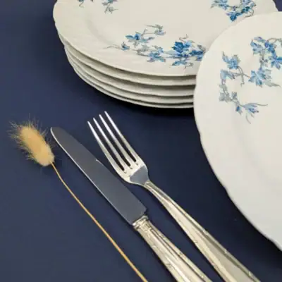 Assiettes anciennes porcelaine Bernardaud Limoges modèle Saint-Saëns décor floral et or Villa Brieg