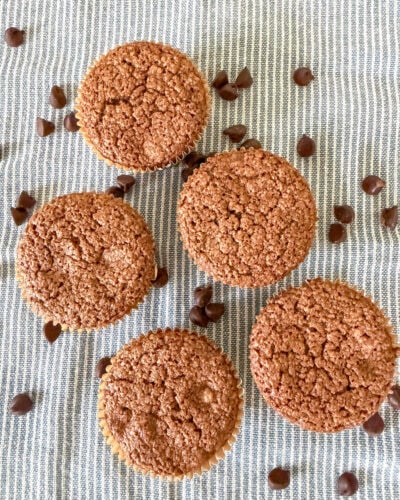 Five chocolate zucchini muffins lined up sideways on a blue and white striped cloth napkin with chocoloate chips sprinkled around.
