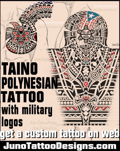 taino polynesian sleeve tattoo with military logos in Puerto Rico style by Junotattoodesigns